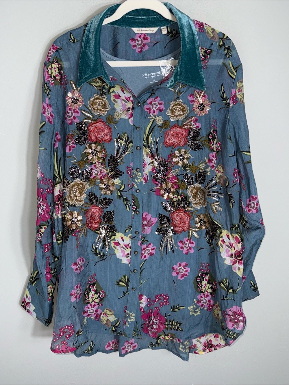 Soft Surroundings Button Front Tunic Blouse & Tank-Blue Floral-Size 2X-NWOT